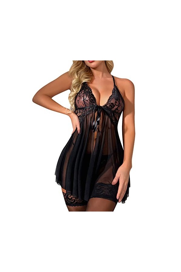 QWUVEDS Dentelle en soie synthétique sexy dos nu séduisant, minuit, filles chaudes sexy chemise de nuit paresseuse pyjama sex