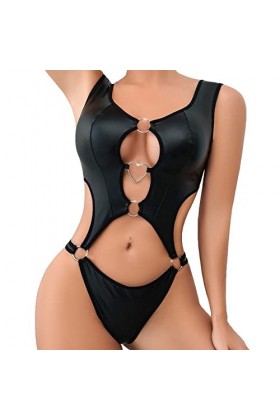 HHSclothing Lingerie Noire Et Rouge Lingerie pour Femmes 1 PC Cuir Teddy Body Lingerie Sexy découpe épaules dénudées Joint PU