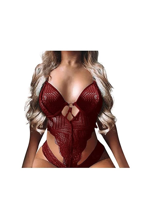 Lingerie Erothique Sexy, Femme Solid Color Lace Mesh Hollow Ring Strap Monopièce Sexy Lingerie Ensemble Érotique Tenue Catanz