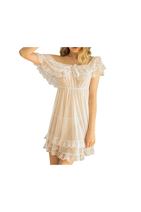 liaddkv Femmes Manches Courtes Dentelle Satin Vintage Chemises de Nuit Pyjamas Corset Lingerie Sexy, Blanc., XXL