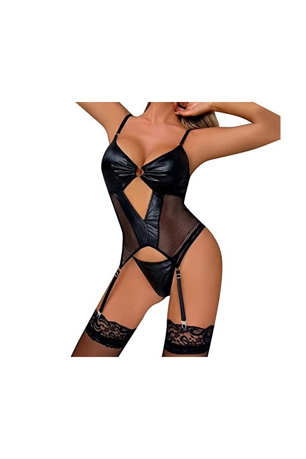liaddkv Ensemble de lingerie sexy en PU avec culotte, Noir , S