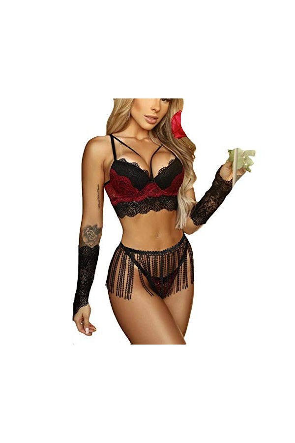 liaddkv Rock-Western-Color Block Masque Crochet & Ensemble Gants en Dentelle avec Glands Lingerie Sexy Femme Robe, Noir , S