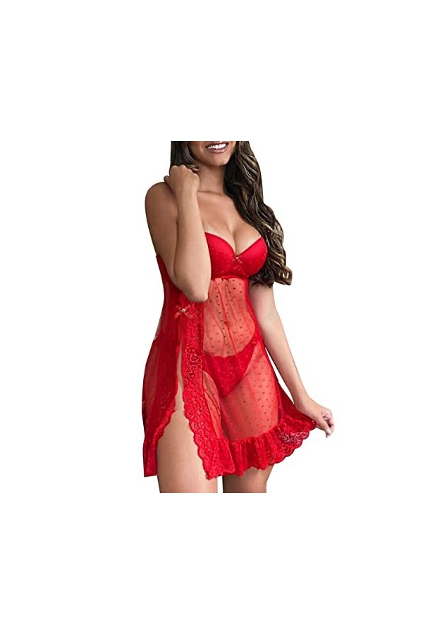 liaddkv Ensemble de lingerie sexy en dentelle et string pour femme, rouge, L
