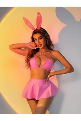 Costumes de lapin sexy pour femme - Lingerie coquine - Bikini en cuir - Tenue de soubrette - Soutien-gorge en latex - Mini ju