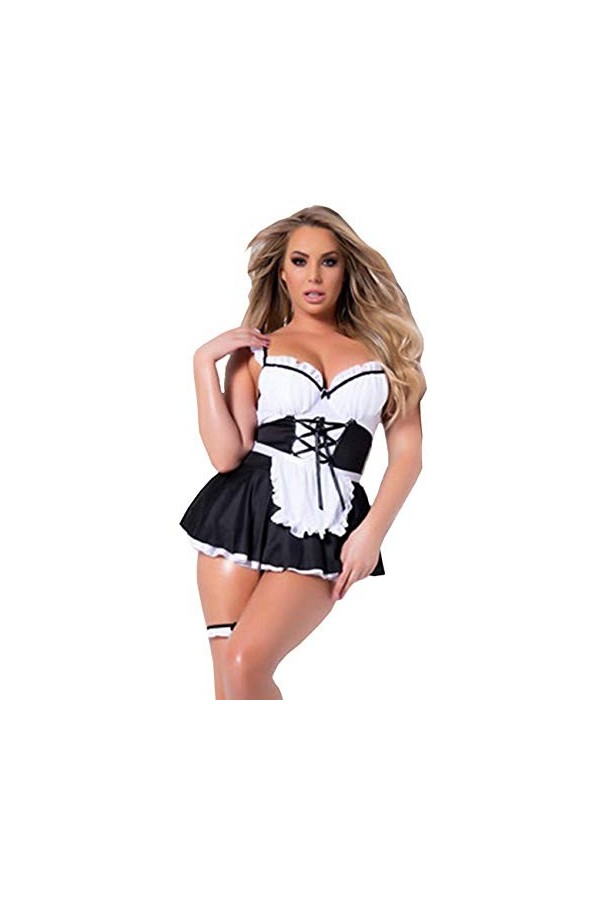 Unibaby Costume de soubrette sexy pour femme - Robe mi-longue classique avec tablier en dentelle