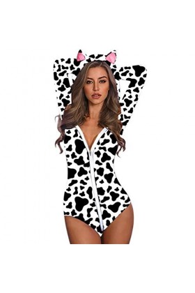 IQYU Sexy Catsuit Lingerie à Capuche Oreille de Chat Mignon Manches Longues Vache Imprimé Pyjama Combinaison Barboteuse Combi