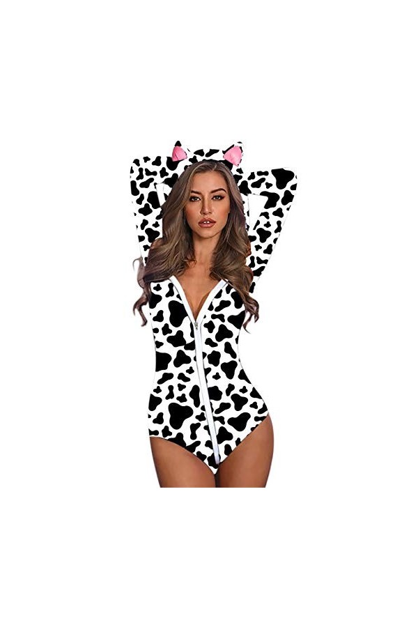 IQYU Sexy Catsuit Lingerie à Capuche Oreille de Chat Mignon Manches Longues Vache Imprimé Pyjama Combinaison Barboteuse Combi