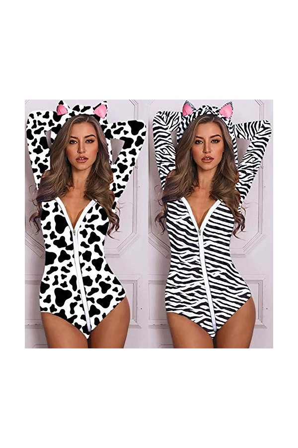 IQYU Sexy Catsuit Lingerie à Capuche Oreille de Chat Mignon Manches Longues Vache Imprimé Pyjama Combinaison Barboteuse Combi