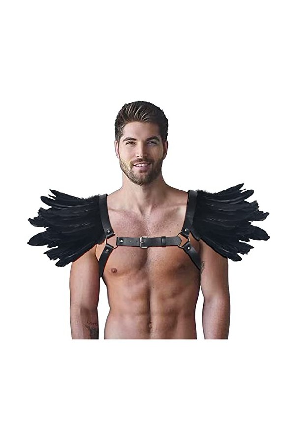 keland Gothique Halloween Costume Accessoires Plume Epaulettes Shrug Châle avec Cuir Body Harness pour Hommes Z-Noir 
