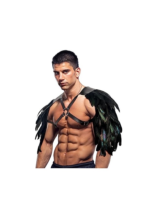 keland Gothique Halloween Costume Accessoires Plume Epaulettes Shrug Châle avec Cuir Body Harness pour Hommes Z-Noir 
