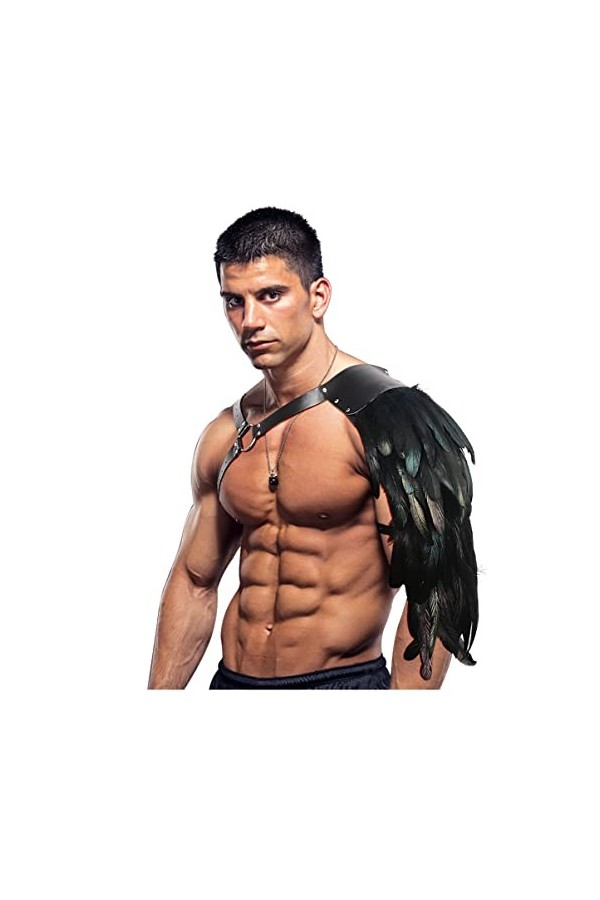keland Gothique Halloween Costume Accessoires Plume Epaulettes Shrug Châle avec Cuir Body Harness pour Hommes Z-Noir 