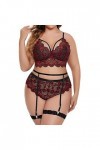 IQYU Ensemble de lingerie thermique pour homme et femme - Dentelle florale - Bordure en dentelle - Jarretière - Taille haute 