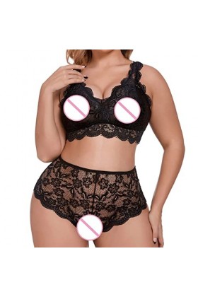 IQYU Sexy Lingerie Noir Plus Size Ensemble de Lingerie pour Femmes Sexy Licol Tour de Cou Soutien-gorge à Lanières et Culotte