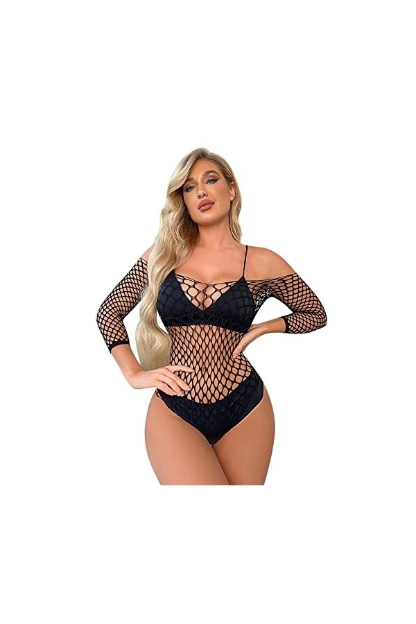 UOWEG Femmes Lingerie Manches Longues Résille Body Sexy Mesh Teddy sous-Vêtements Lingerie Sexy Hot Ouverte Black, One Size 