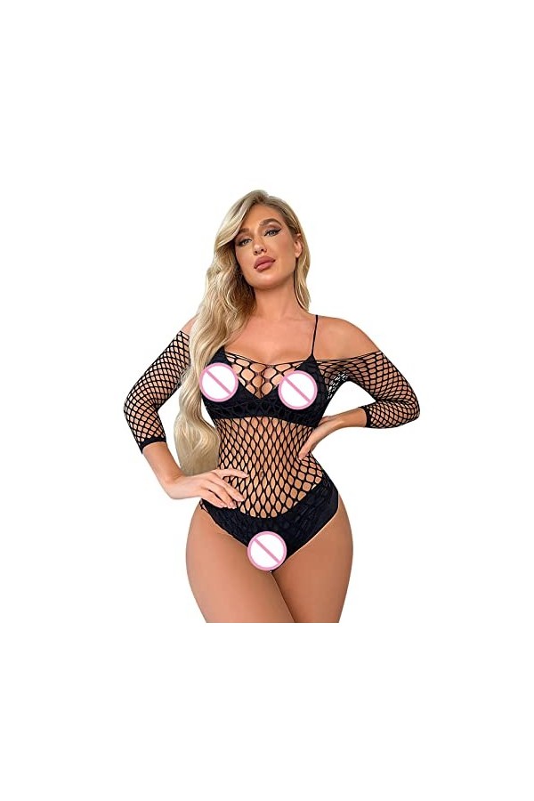 UOWEG Femmes Lingerie Manches Longues Résille Body Sexy Mesh Teddy sous-Vêtements Lingerie Sexy Hot Ouverte Black, One Size 