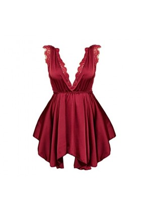 Lingerie pour femme en V - Lingerie sexy en dentelle - Robe profonde - Pyjama irrégulier pour femme, bordeaux, L