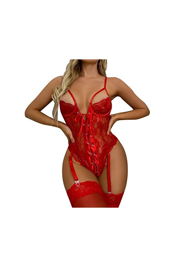 Fulidngzg Lingerie sexy pour femme - Dentelle - Dos nu - Longue ouverture - Entrejambe ouverte - Push Up - Élégante - Sexy - 