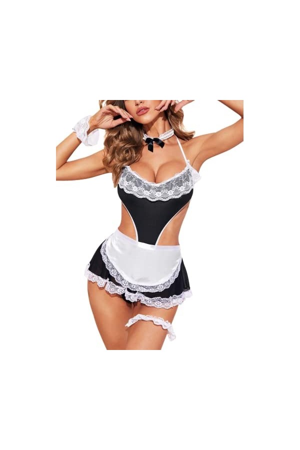 ROSVAY Sexy Femme de Ménage Uniforme Lingerie Robe Femme Cosplay Dentelle Dos nu Costume Jeu de Rôle Sexy Femmes Vêtements de