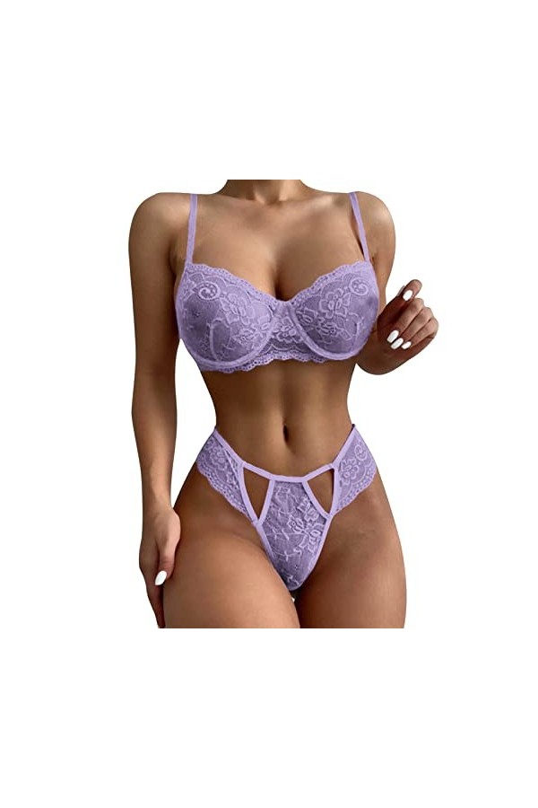 Dentelle Impression Maille Lingerie Dentelle Lingerie Deux pièces Ensemble sous-vêtements Sexy Lingerie Sexy Latex Purple, M