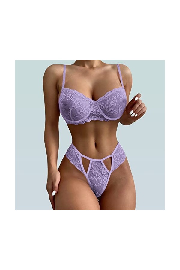 Dentelle Impression Maille Lingerie Dentelle Lingerie Deux pièces Ensemble sous-vêtements Sexy Lingerie Sexy Latex Purple, M