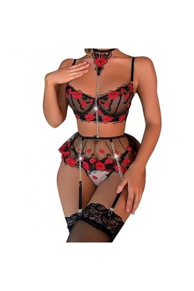 CUTeFiorino Ensemble de lingerie sexy en dentelle pour femme avec bralette et culotte en dentelle, Noir , L