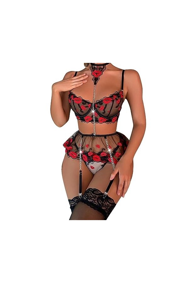 CUTeFiorino Ensemble de lingerie sexy en dentelle pour femme avec bralette et culotte en dentelle, Noir , L
