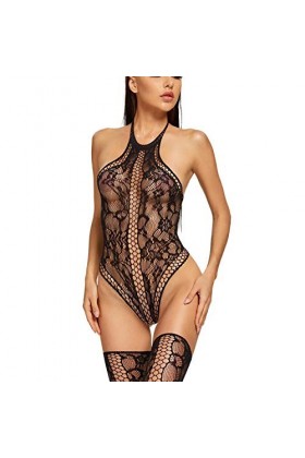 Godom Pyjama Femme Ete,Pull Sexy Dames Sexy Voie-Through Creux Bas de Filet de Poisson Costume sous-vêtements Fesse Ouverte 