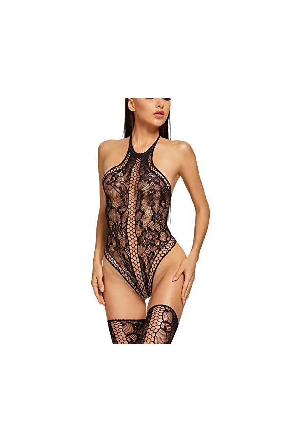 Godom Pyjama Femme Ete,Pull Sexy Dames Sexy Voie-Through Creux Bas de Filet de Poisson Costume sous-vêtements Fesse Ouverte 