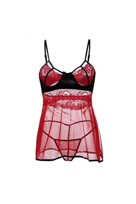 Pyjama sexy sans fil en dentelle pour femme, rouge, M