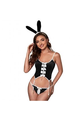 ROSVAY Costume de Lapin Sexy Lapin Fille Cosplay Lingerie Femme, Body Bunny Coquine Velours, Uniforme de Lapin Hot dos Nu, De