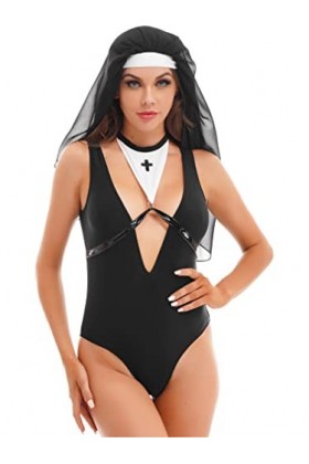 ranrann Déguisement Nonne Femme Sexy Mini Jupe Moulante Cuir Crop Top Transparent Ouvert Coiffe Brillant Jeu de Role Erotique