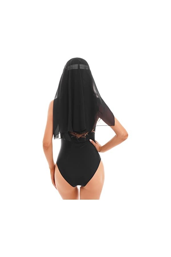 ranrann Déguisement Nonne Femme Sexy Mini Jupe Moulante Cuir Crop Top Transparent Ouvert Coiffe Brillant Jeu de Role Erotique