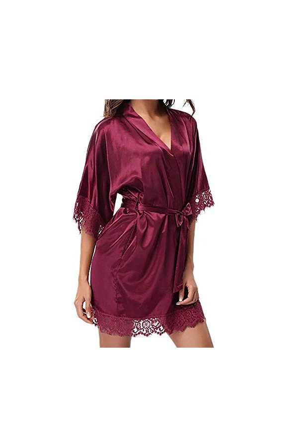 PANPANY Lady Lace Lingerie Costume de Nuit Pyjama Sexy Nightwear Satin Womens Lingerie Sexy Coquine Hot Wine, S 