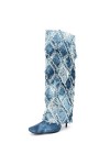 WOkismD 10CM / 3.93IN À La Mode Brodé Denim Carré Toe Strass Stiletto Talon Grande Taille Mi-Mollet Bottes,Bleu,37 EU