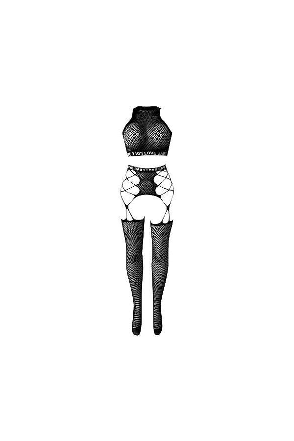 Lingerie de police Combinaison en maille tendance avec bretelles transparentes et lingerie sexy taille haute, Noir , taille u