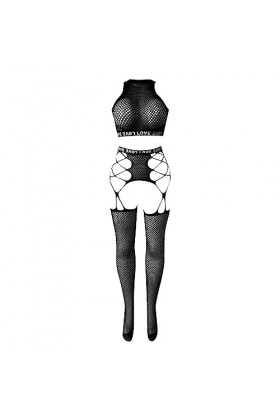 Lingerie de police Combinaison en maille tendance avec bretelles transparentes et lingerie sexy taille haute, Noir , taille u