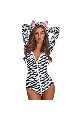 IQYU Sexy Catsuit Lingerie à Capuche Oreille de Chat Mignon Manches Longues Vache Imprimé Pyjama Combinaison Barboteuse Combi