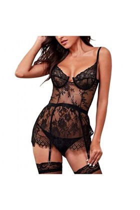 Sous-vêtements, costumes, body sexy à bretelles, soutien-gorge et string en dentelle, soutien-gorge et culotte en dentelle fl