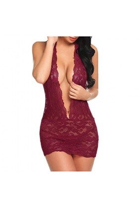 Belle lingerie pour femme en dentelle Teddy sexy Deep V Halter Body Costume Robe de nuit Sexy Combinaison Lingerie, Bordeaux,