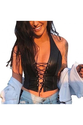 Femme Soutien Gorge de Sport Run Max Femmes en Cuir Licou Cou Sangle Sexy à Lacets évider Nombril PU Soutien-Gorge Lingerie S