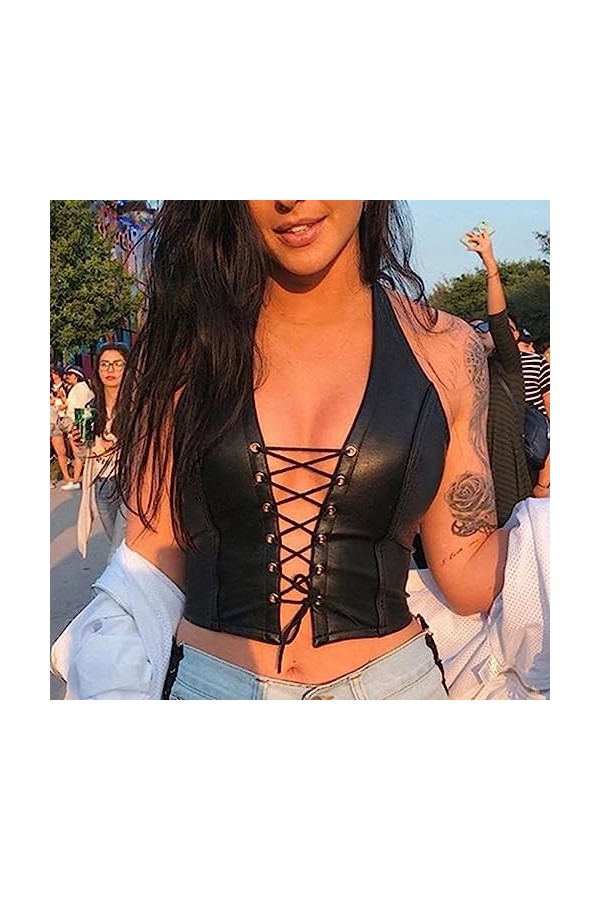 Femme Soutien Gorge de Sport Run Max Femmes en Cuir Licou Cou Sangle Sexy à Lacets évider Nombril PU Soutien-Gorge Lingerie S