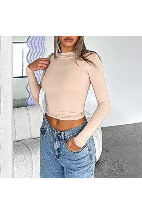 Yk2 Clothing T-shirt à manches longues à manches longues pour femme - Col rond - Couleur unie - Rose - Coton - T-shirt long, 