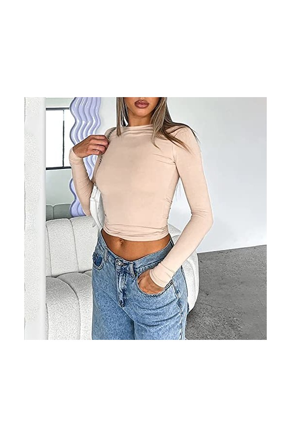 Yk2 Clothing T-shirt à manches longues à manches longues pour femme - Col rond - Couleur unie - Rose - Coton - T-shirt long, 