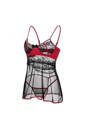 Pyjama sexy sans fil en dentelle pour femme, Bordeaux, XL