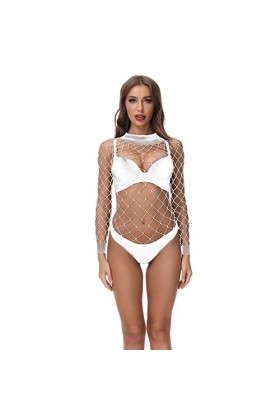 UOWEG Femmes Lingerie Manches Longues Body Sexy Mesh Teddy sous-Vêtements Robe Sexy White, One Size 