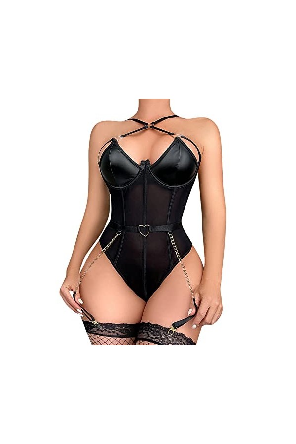 Pyjama Femme Hiver Femmes Noir PU Cuir Striptease Costume sous-Vêtements Lingeries Femmes Sexy Perle Érotique Deux Pièces Ens