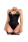 Pyjama Femme Hiver Femmes Noir PU Cuir Striptease Costume sous-Vêtements Lingeries Femmes Sexy Perle Érotique Deux Pièces Ens