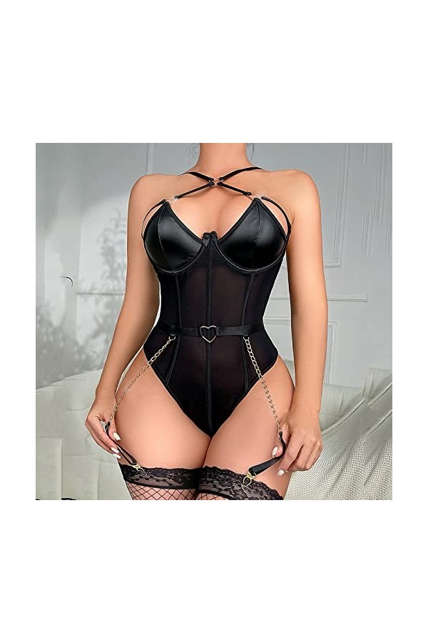 Pyjama Femme Hiver Femmes Noir PU Cuir Striptease Costume sous-Vêtements Lingeries Femmes Sexy Perle Érotique Deux Pièces Ens