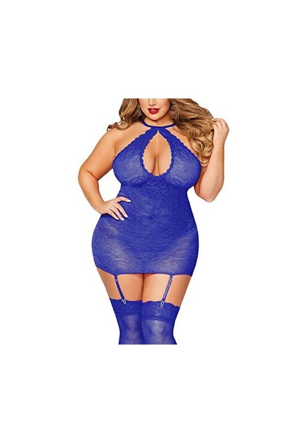 LDadgf Femmes Sexy Halter Plus Dentelle Sous-vêtements Porte-clés Poupée Chemise avec Collants Combinaison Femme Élégant Sexy