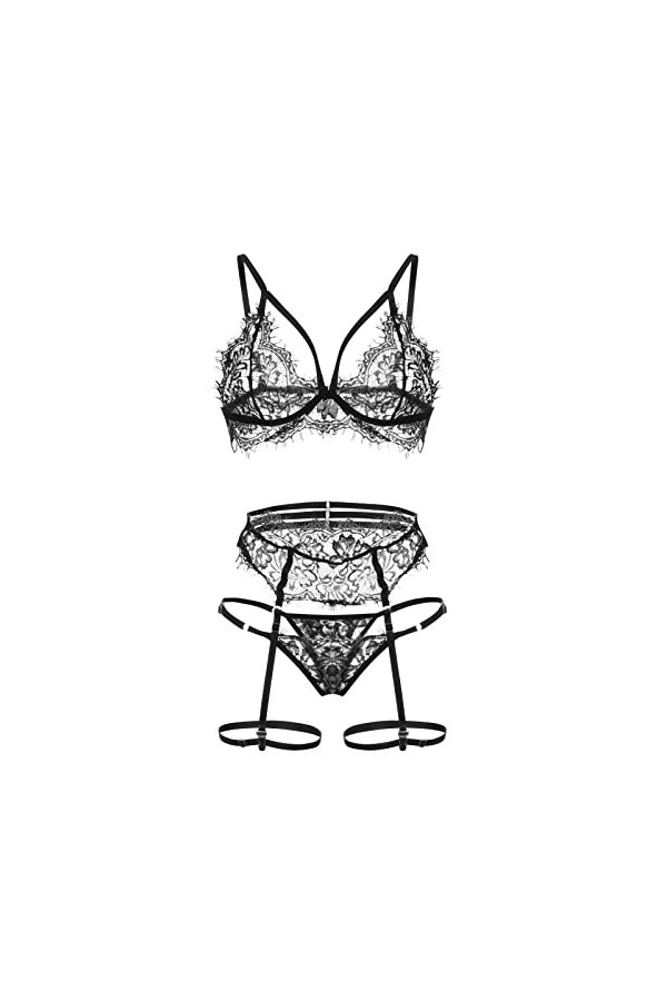 Sous-vêtements en polyester 3 pièces broderie Home Female Porte-jarretelles, Noir , S